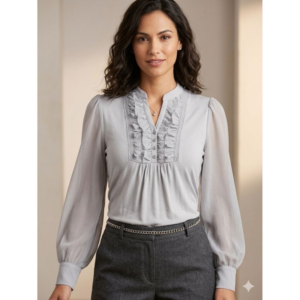 August Silk Ruffle Front Blouse Gray Sheer Long Sleeve Romantic Top XL